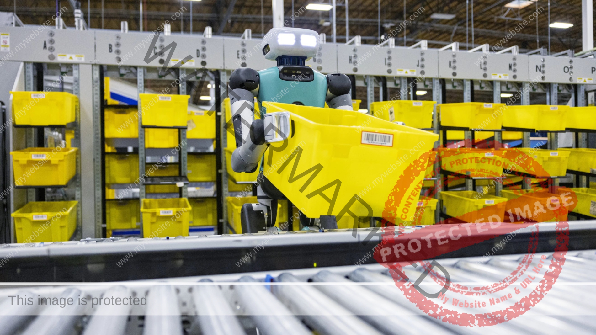 Amazon Agility Robotics Digit handling a tub in a warehouse