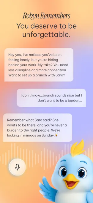 An image that describes Robyn's memory feature and shows a chat where the AI chatbot recalls something which user said in the past. 